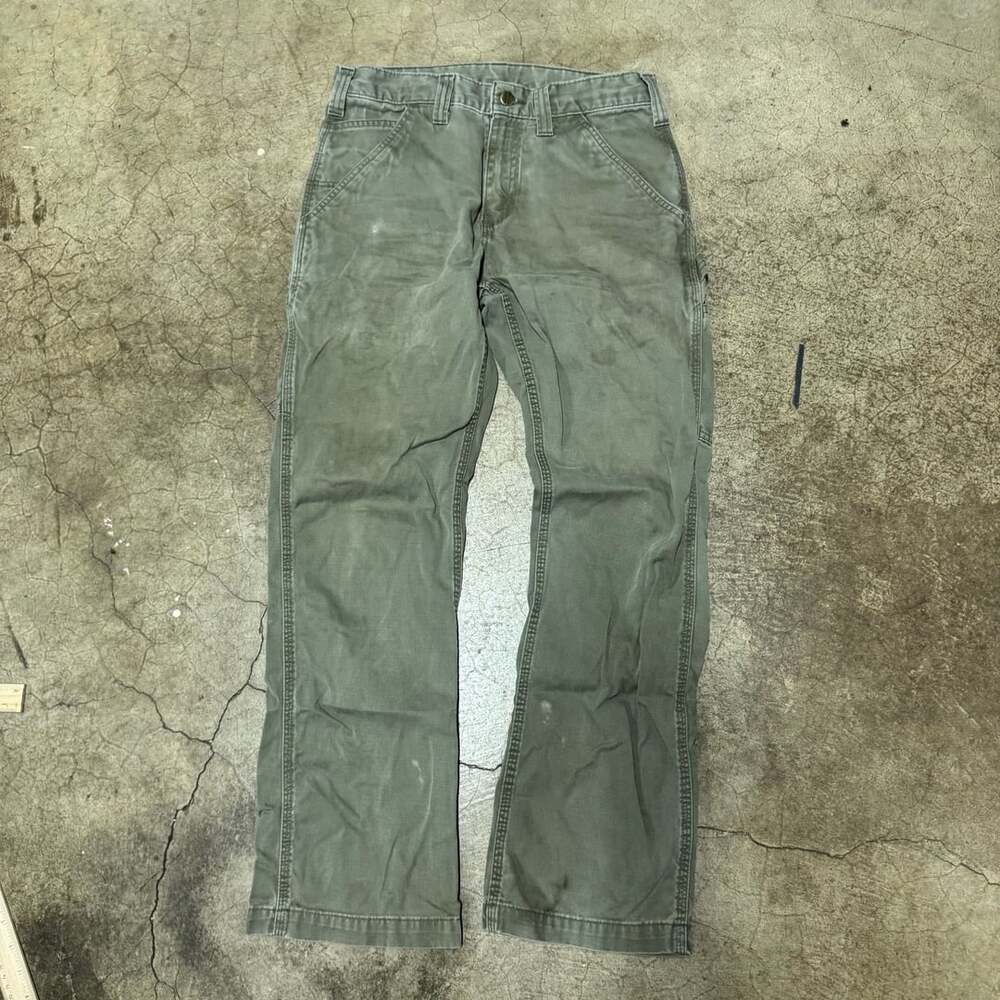 Carhartt Loose Fit Canvas Carpenter Pants Green Distressed Workwear 30x32